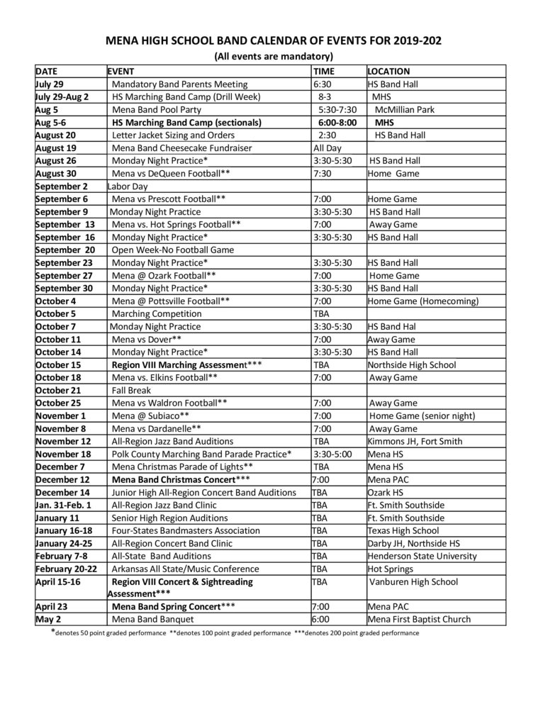 Mena High School Band 2019/2020 Calendar!
