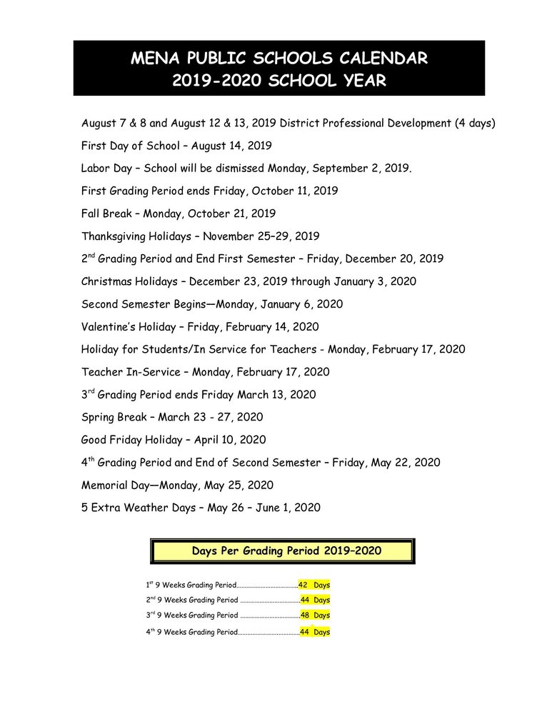 2019-2020 SCHOOL CALENDER!