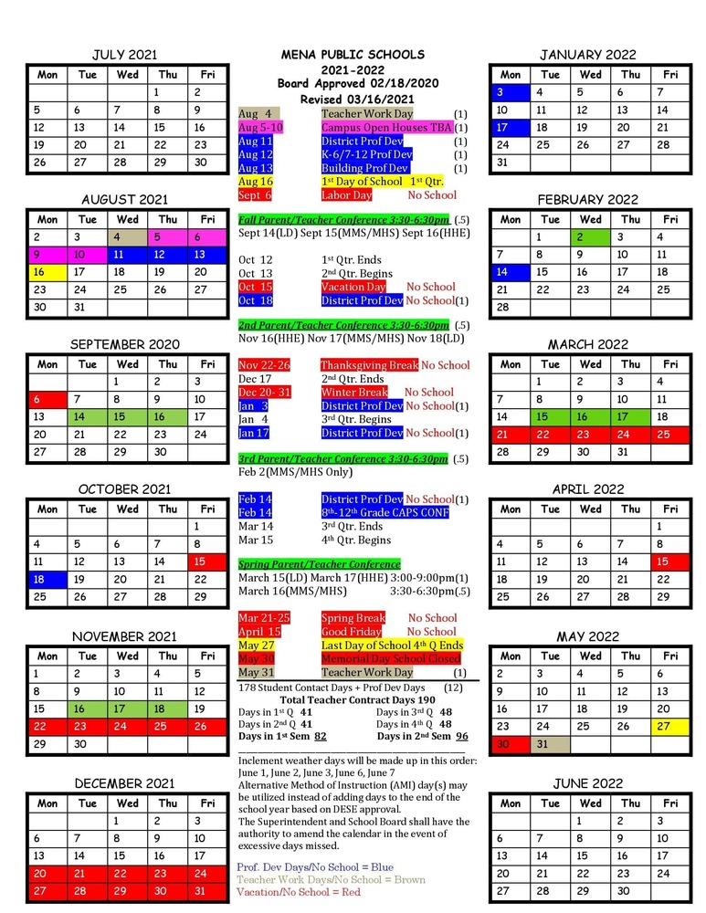 Revised 2021/2022 Calendar !