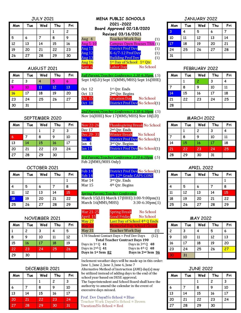 Uark 2022 Calendar Revised 2021/2022 Calendar ! | Mena School District